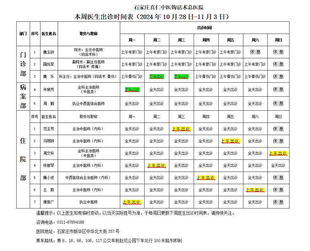 出诊时间表（2024.10.28-11.3）