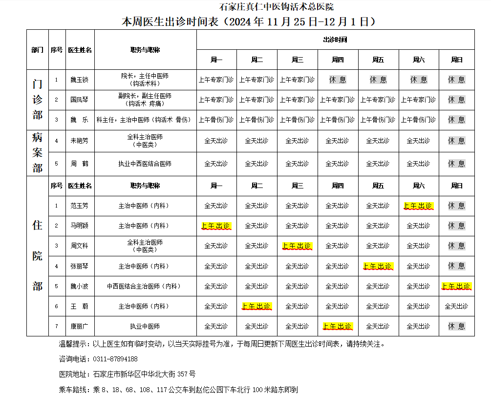 出诊时间表（2024.11.25-12.1）