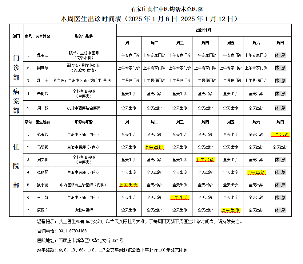 出诊时间表（2025.1.6-