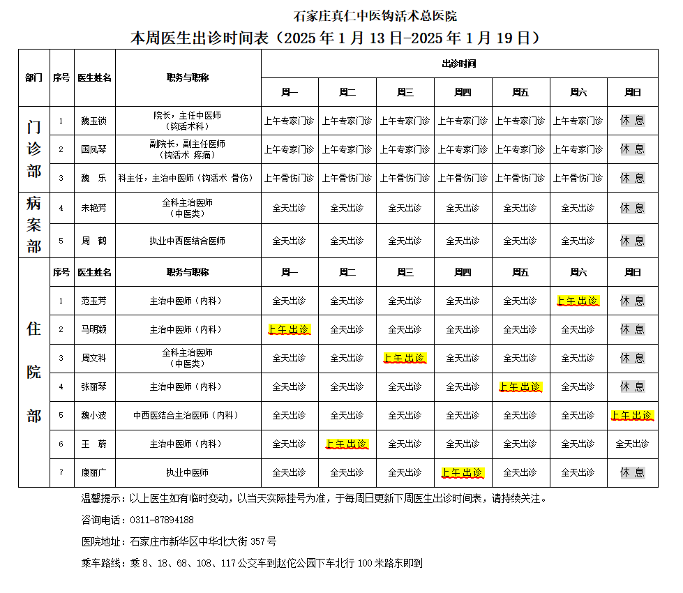 出诊时间表（2025.1.13