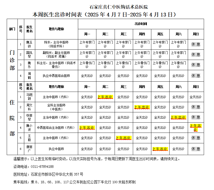 出诊时间表（2025.4.7-4.13）
