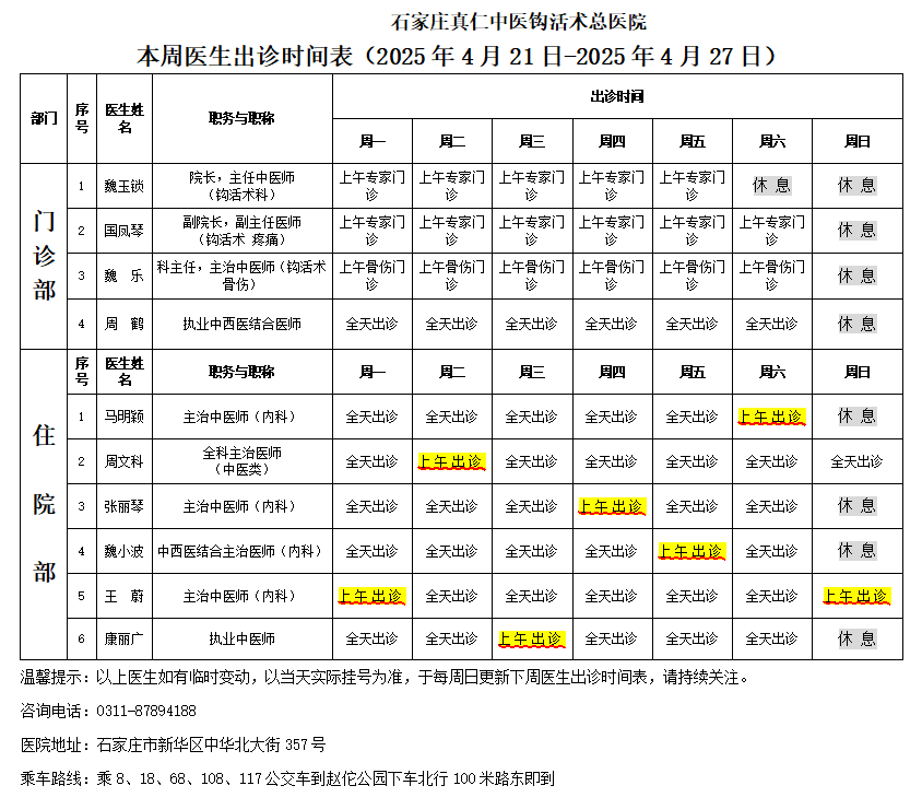 出诊时间表（2025.4.21-4.27）
