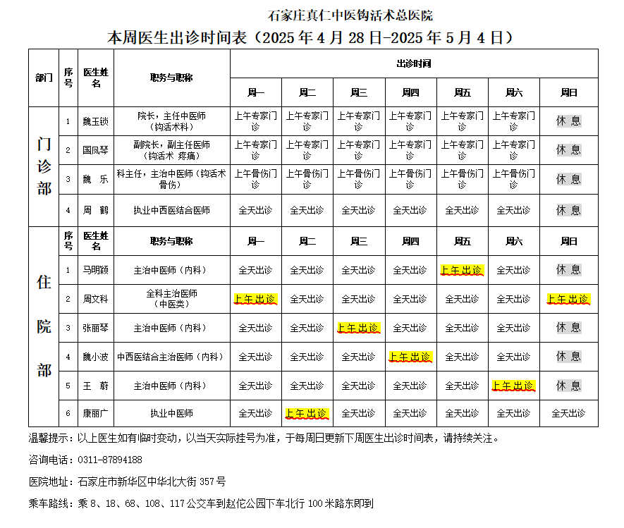 出诊时间表（2025.4.28-5.4）