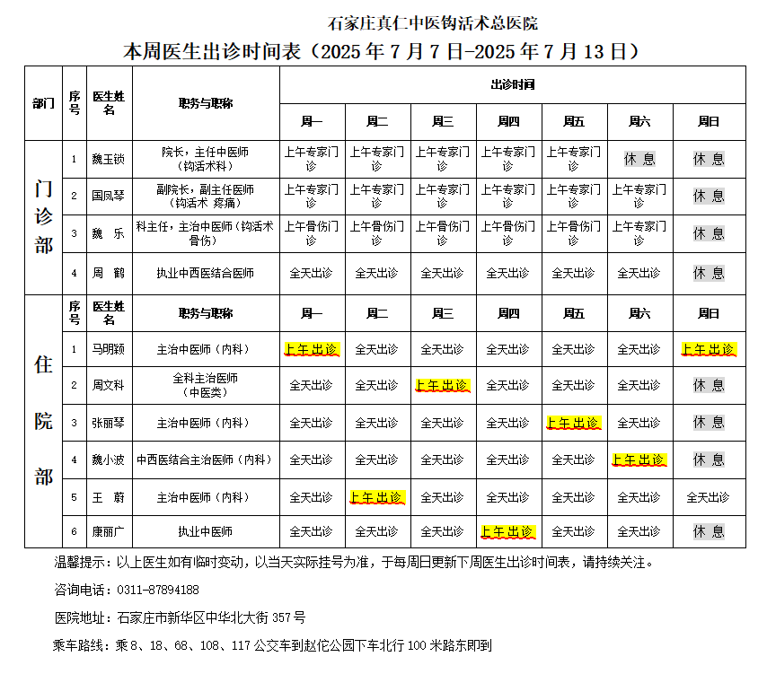 出诊时间表（2025.7.7-