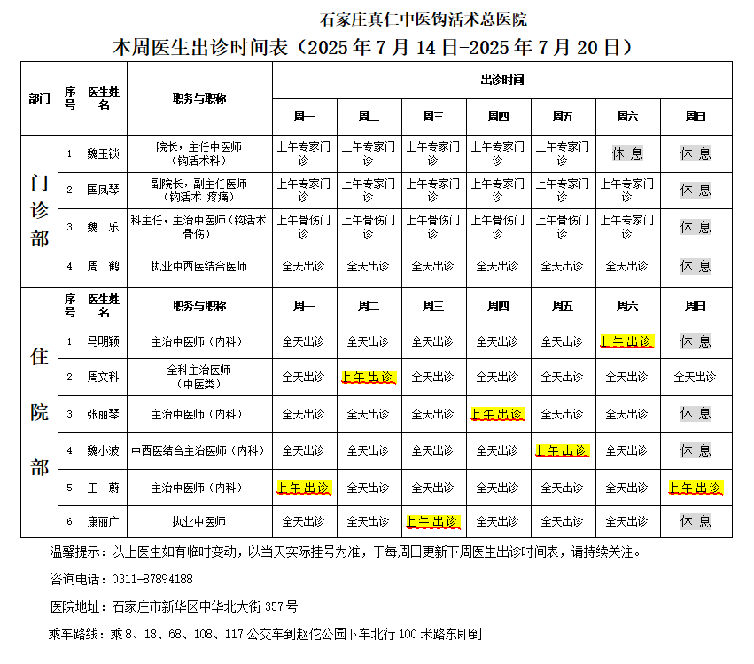 出诊时间表（2025.7.14-2025.7.20）