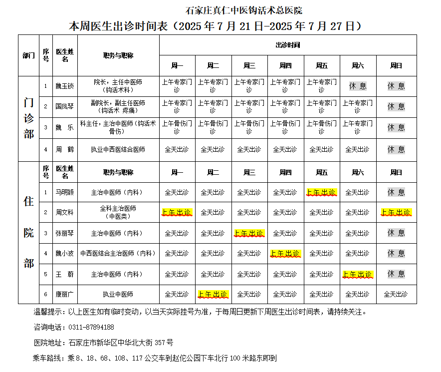 出诊时间表（2025.7.21-2025.7.27）