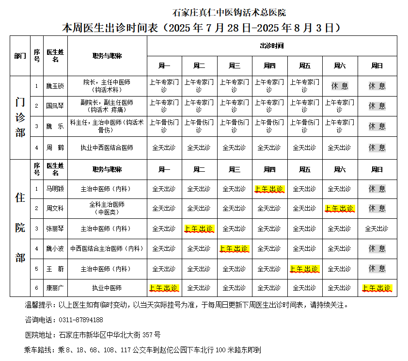 出诊时间表（2025.7.29-2025.8.3）