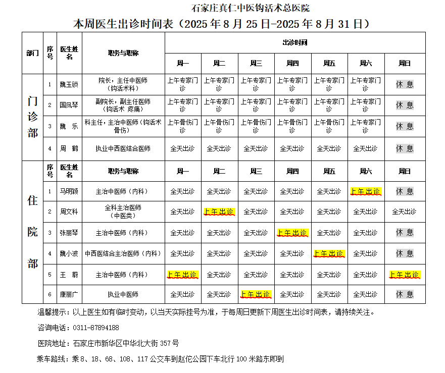 出诊时间表（2025.8.25-2025.8.31）