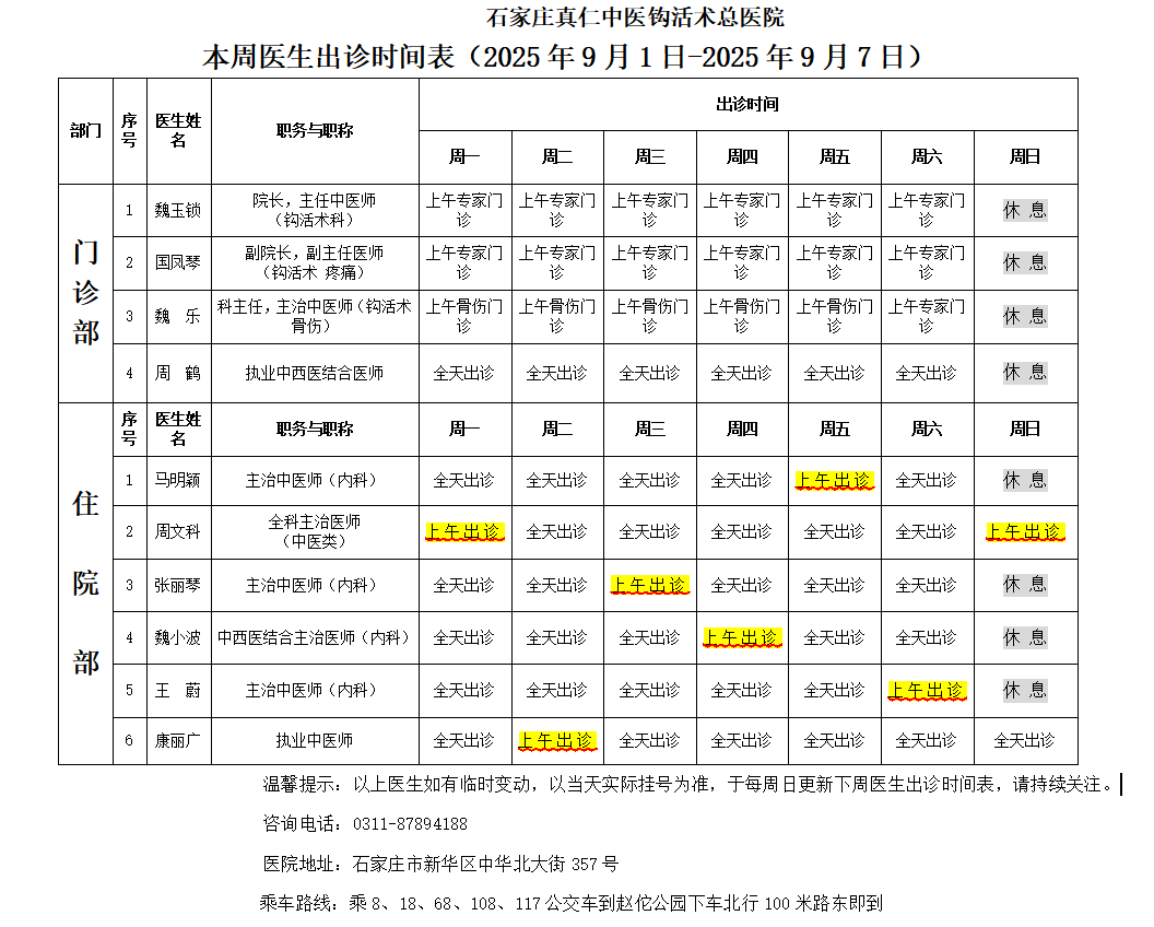 出诊时间表（2025.9.1-2025.9.7）
