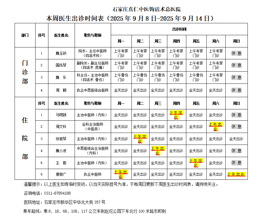出诊时间表（2025.9.8-2025.9.14）
