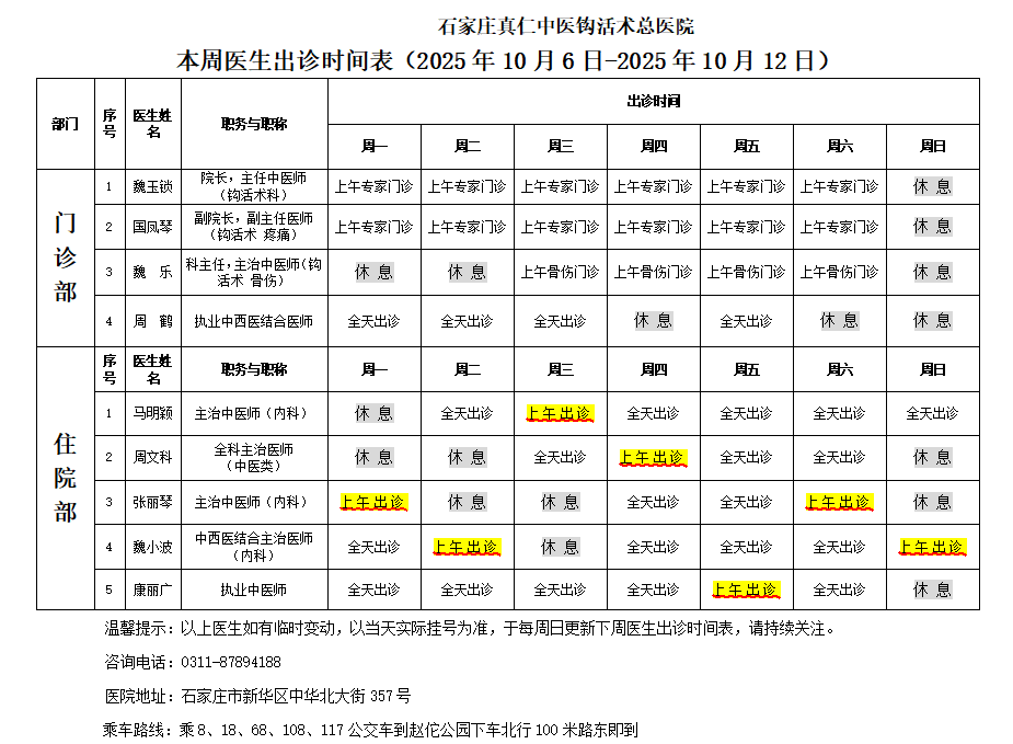 出诊时间表（2025.10.6-2025.10.12）