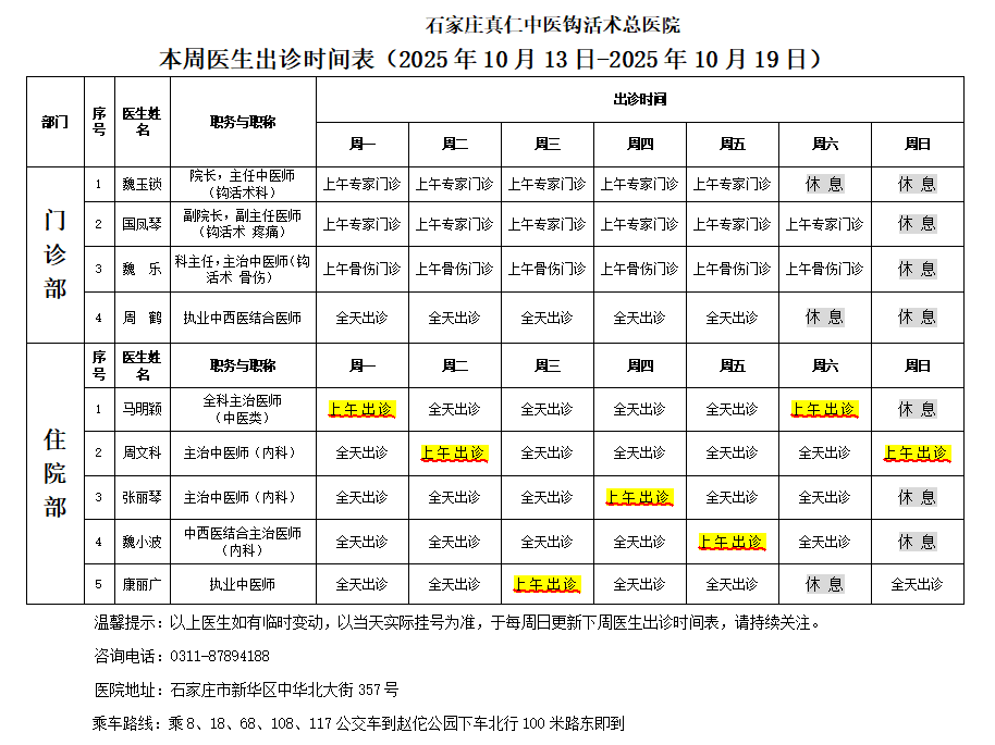 出诊时间表（2025.10.13-2025.10.19）